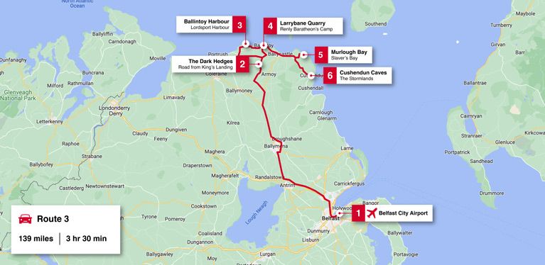 County Antrim and County Derry/Londonderry: King’s Road, Iron Islands, Renley Baratheon’s Camp, Slaver’s Bay, The Stormlands route