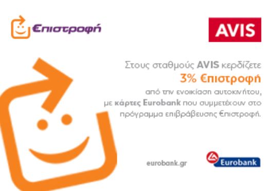 Ταξιδέψτε με Avis και κερδίστε 3% €πιστροφή για κάθε ενοικίαση αυτοκινήτου