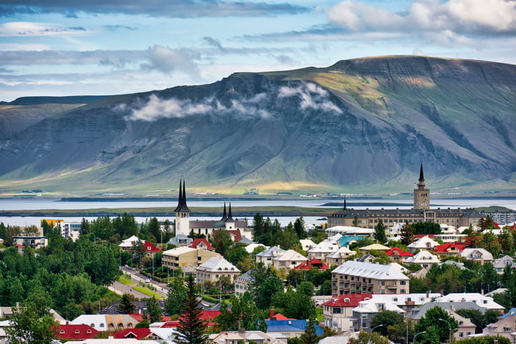 Reykjavik skyline with mountains and sea