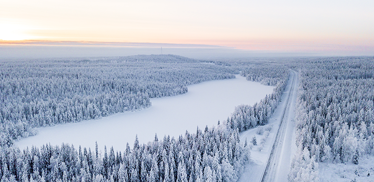 Winter road, driving in Lapland