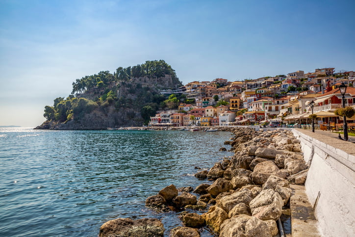 Parga village and beach in Greece at high tide