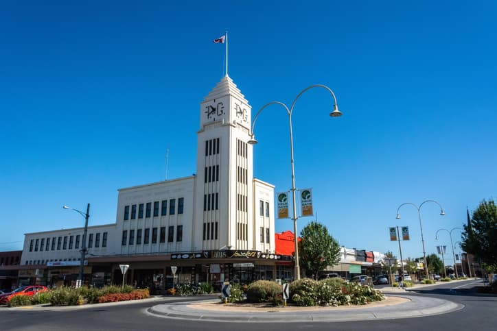 Exterior view of historic T&G Building in Horsham, VIC, across a roundabout