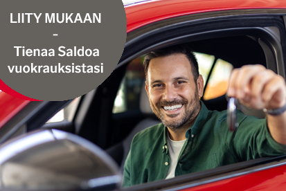 Mies istuu vuokra-autossa ja näyttää avaimia. Teksti: Liity mukaan - tienaa Saldoa vuokrauksistasi