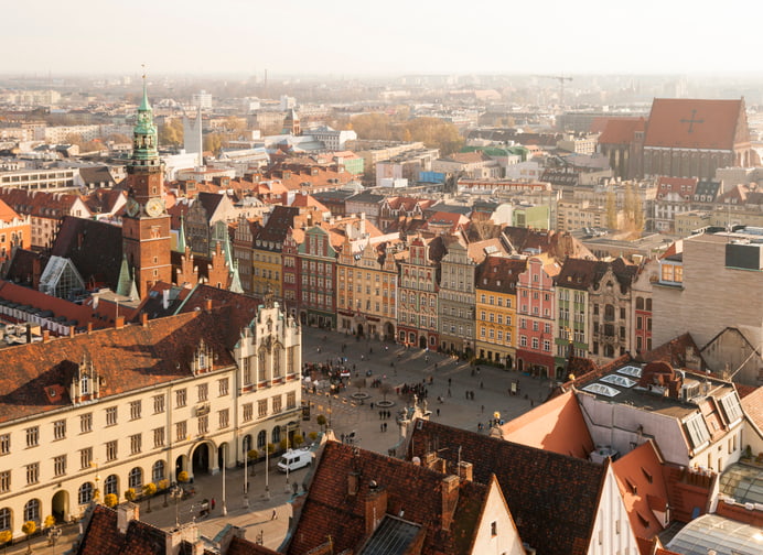 Beautiful stone buildings with terracotta roofs in Wroclaw, Poland