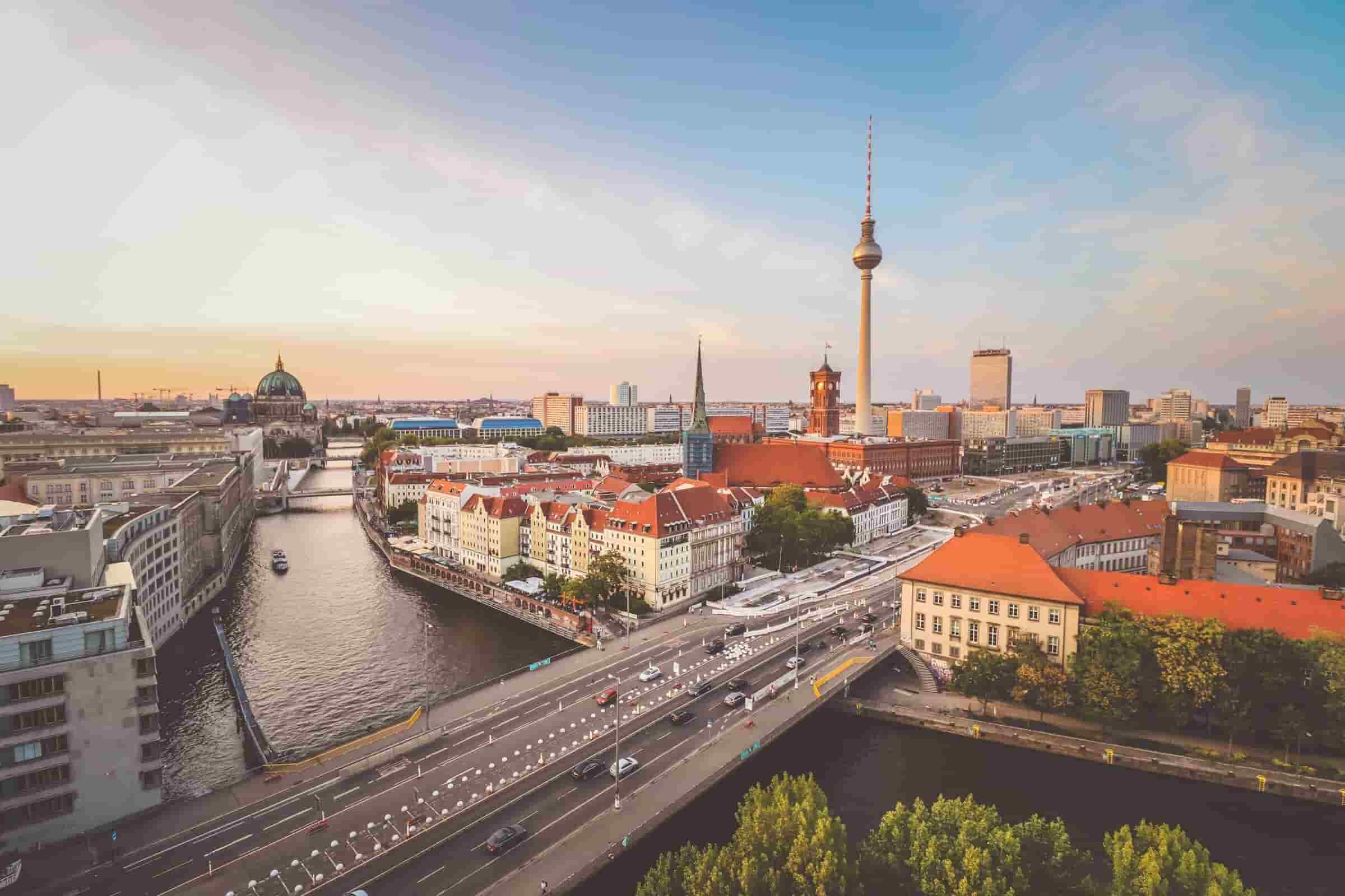 Berlin cityscape with bridges and river flowing through
