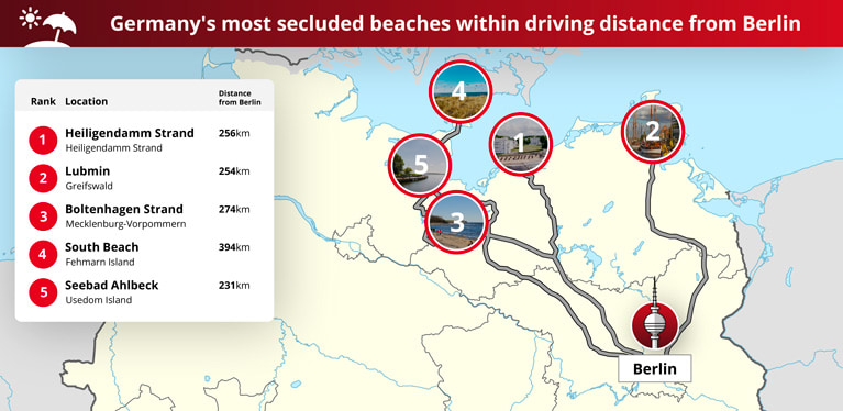 Map showing the most secluded beaches near Berlin