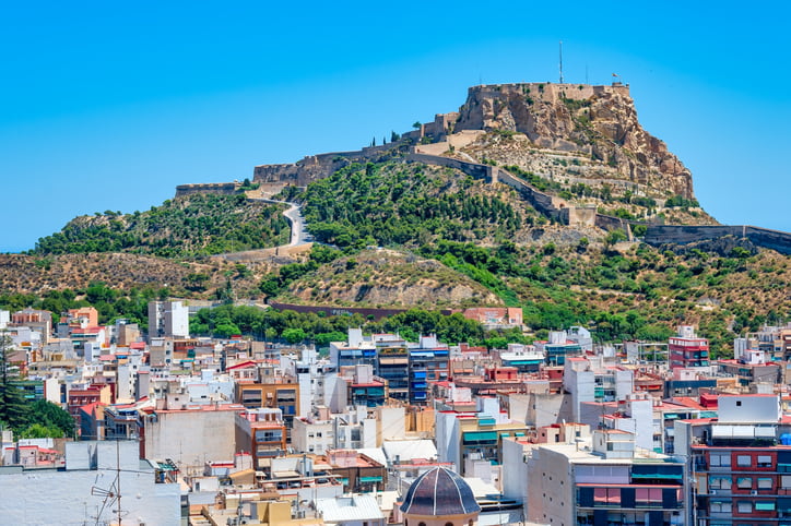 Port city of Alicante Spain with castle in background and blue sky