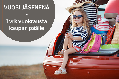 Lapsi istuu vuokra-autossa. Teksti: Vuosi jäsenenä - 1 vrk vuokrausta kaupan päälle