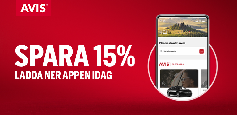 Erbjudande – 15% rabatt för när du bokar via Avis-appen
