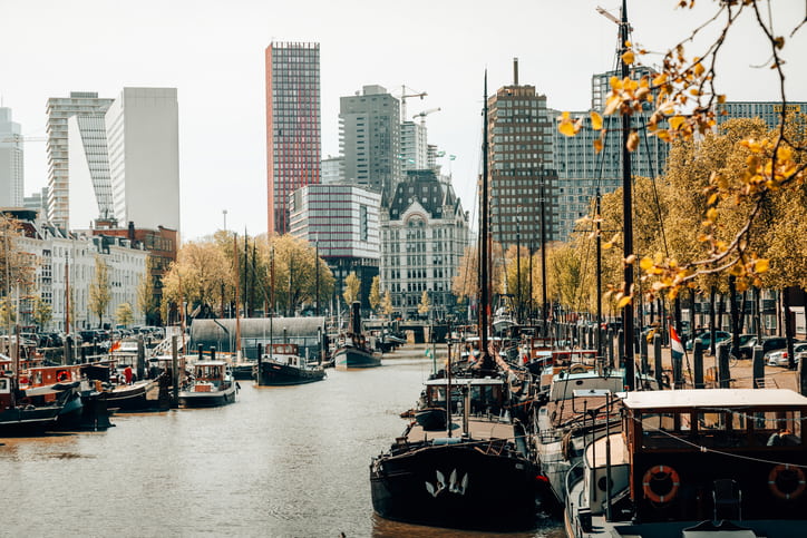 Rotterdam skyline with canal through the middle