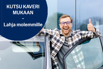 Mies näyttää peukkuja - Teksti: Kutsu kaverikin mukaan - lahja molemmille