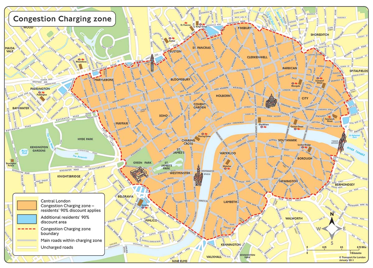 Mapa con las zonas de peaje para transitar por la capital que incluye las oficinas de alquiler de coches de Avis en Londres