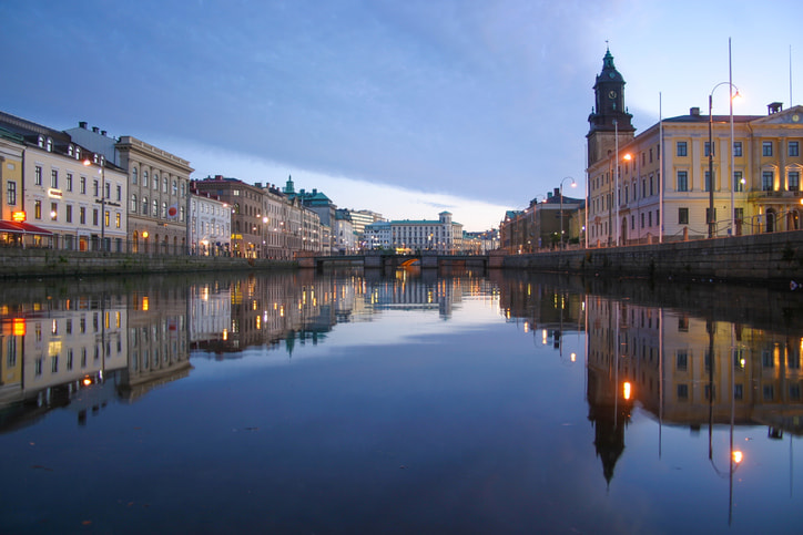 Grand canal in Gothenburg, grand buildings along banks of canal