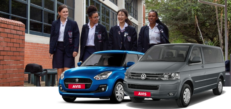 Westville Girls' High School students with an Avis vehicle, showcasing their transportation partnership.